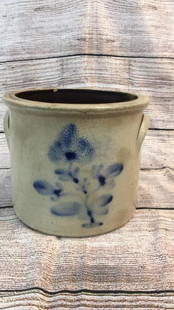 Salt Glaze Crock: Cobalt Flower lug handles, * small interior rim chip