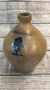 Salt Glaze Jug, Cobalt Stamp: Loop Handle Jug marked Fox? And Athens, spout rim chips