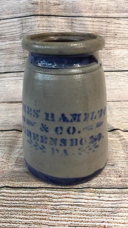 Salt Glaze And Cobalt Canning Jar: 9" tall, James Hamilton Greensboro PA, good condition
