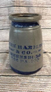 Salt Glaze And Cobalt Canning Jar: 9" tall, James Hamilton Greensboro PA, good condition