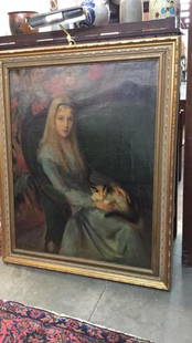 Oil on Canvas, Louise Lyon Heustis: Girl with Cat, large 42” x 56” signed and dated lower left 1939