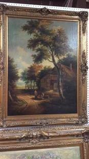 Oil on Canvas, House and Men Sitting on Log: 38" x 46 with ornate Gilt Gesso frame, no signature