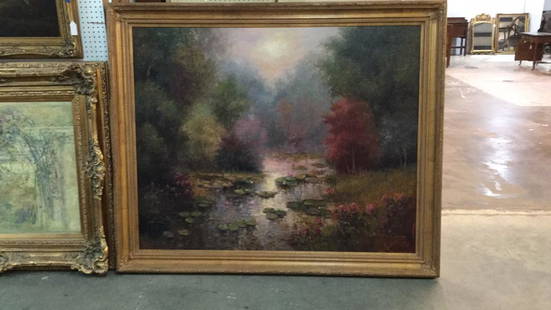 Oil on Canvas Scenic Landscape w/ River: 68" x 56" in Giltwood frame, signed lower right ? Not legible