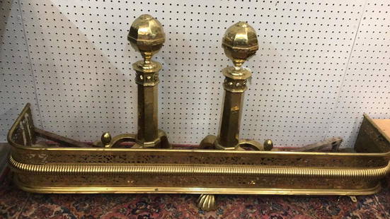 Pair Hand Hammered Brass Andirons & Fender: see photos