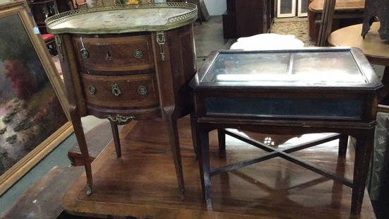 2 Inlaid Stands: Vitrine with Shell inlay Italian 2 Drawer Stand with marble top