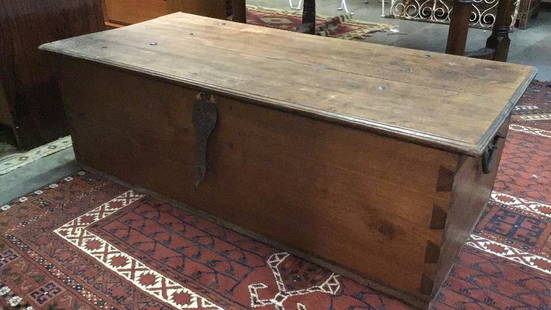 Early Walnut Trunk W Dovetailed Case: Iron lock & handles, strap hinges