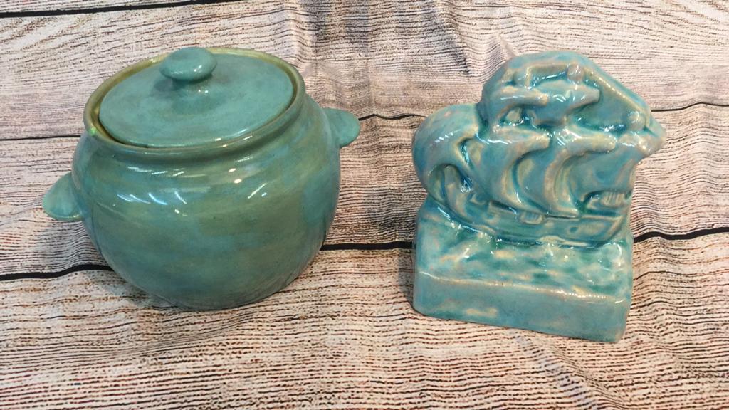 Pisgah Forest Cookie Jar, Rare Ship Bookend: Jar has tiny lip, chip dated 1951, Bookend with in making firing crack, both Turquoise glaze