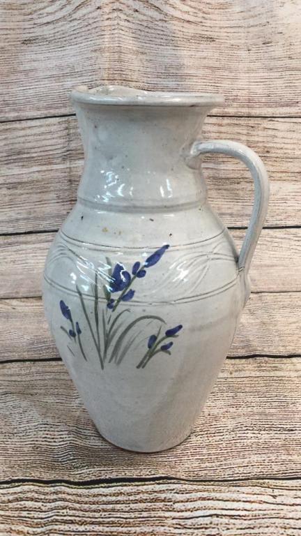 ML Owens Pottery Pitcher: White Glaze with Blue flowers, 12" tall, signed on base, good con