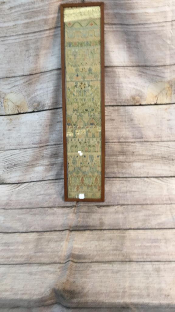 Finely Done Sampler and Needlework: 36” X 8” In Frame.... Double Sided Piece