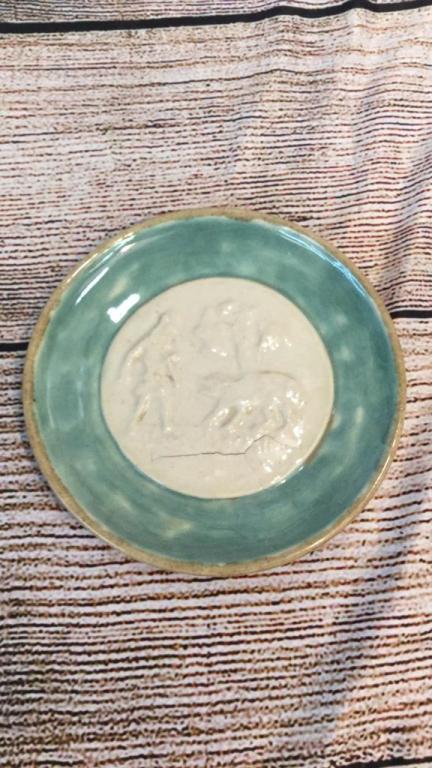 Pisgah Forest W.B. Stephen Rare Plate: Scene Davy Crockett and Bear, 6 1/2" ...small" in making" crack in decoration, signed on back