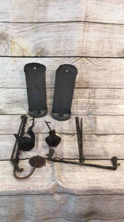 6 Pieces Early Lighting: 2 Hanging oil or fat lamps, 2 adjustable forged candle holders, pair tin wall mount candle holders