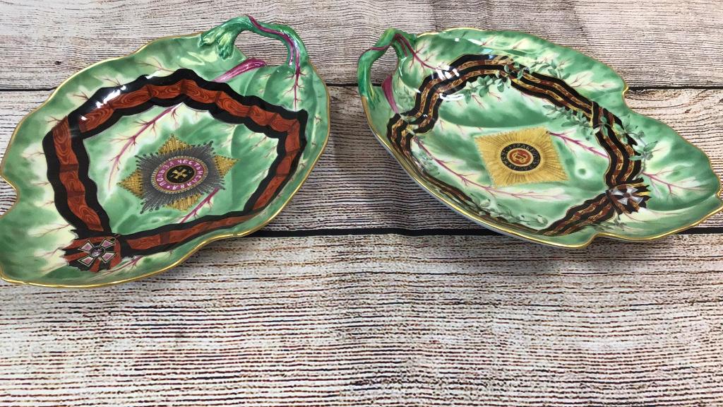 2 Mottahedeh Leaf Plates: Reproduction Pieces made for Catherine The Great, Order of St. George, And St. Vladimer