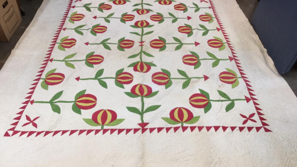 Appliqué Quilt: Traditional Red and Green Poppy Variation on Cream ground, has homespun border added at top