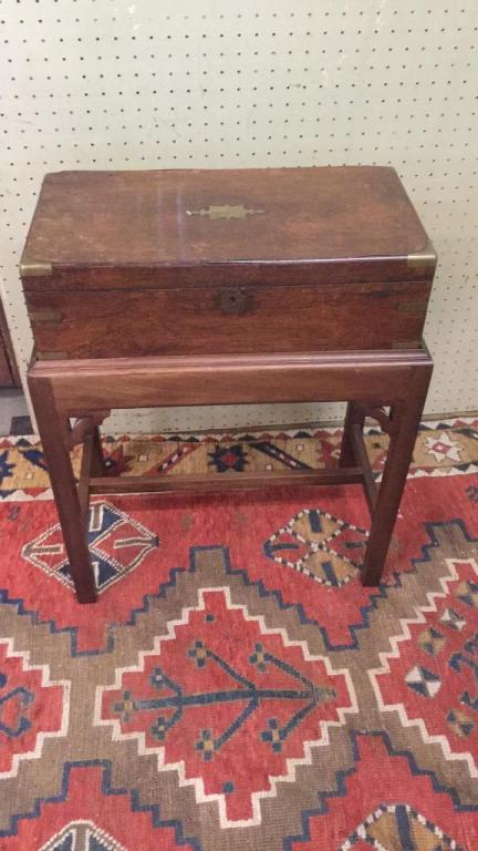 English Oak Lap Desk on custom Walnut Stand: Brass inlay and corners, missing some interior