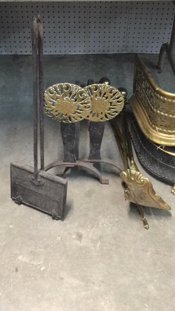 Group of Antique Fireplace Tools & Implements: Brass sunburst andirons, 3 fireplace tools & roaster