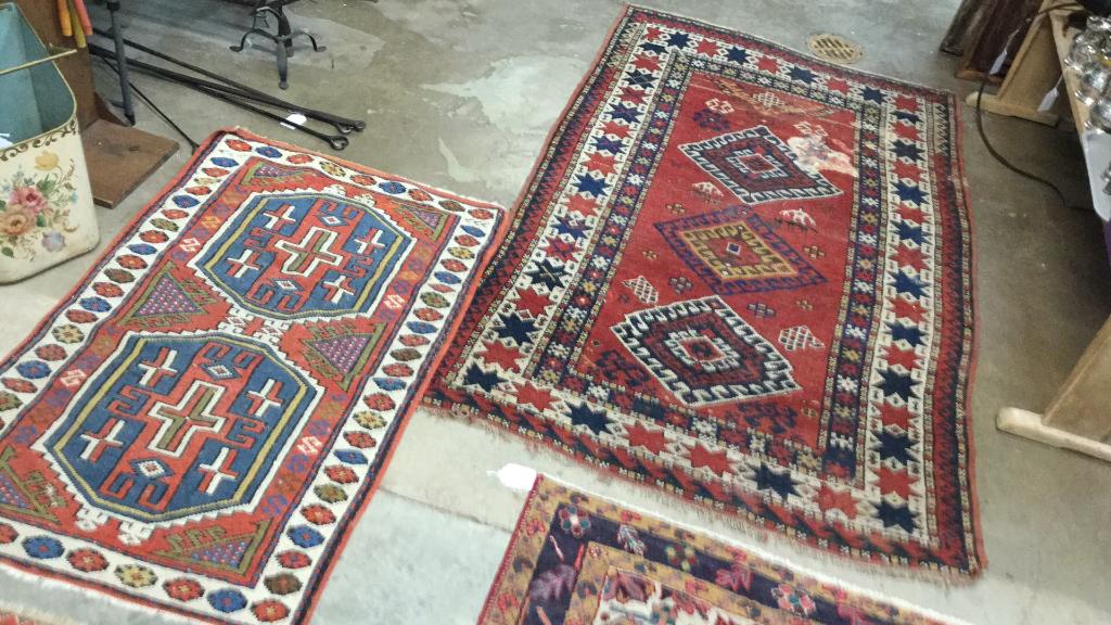 2 Antique Throw rugs: 4 x 3 Turkish Yagabider 7 x 4 3 Medallion Kazak some staining, see photos