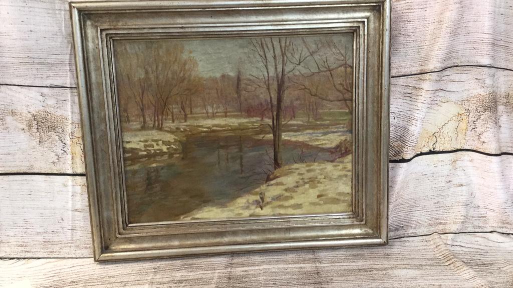 Oil on Canvas, Winter Landscape: Andrew Thomas Schwartz, with attached note, 25 1/2 x 22 inches, silver tone frame