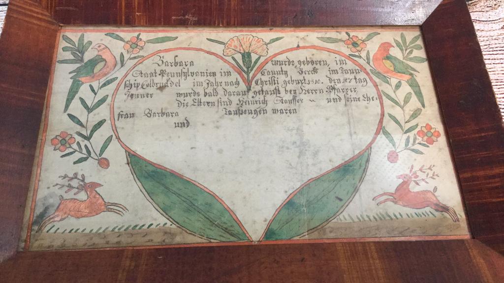 Hand Painted German Fraktur: Early in old frame, 8” x 12”