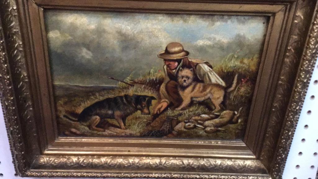 Oil on Board Man and Dogs: Nice Gilt Wood Frame, 16 x 14 not signed