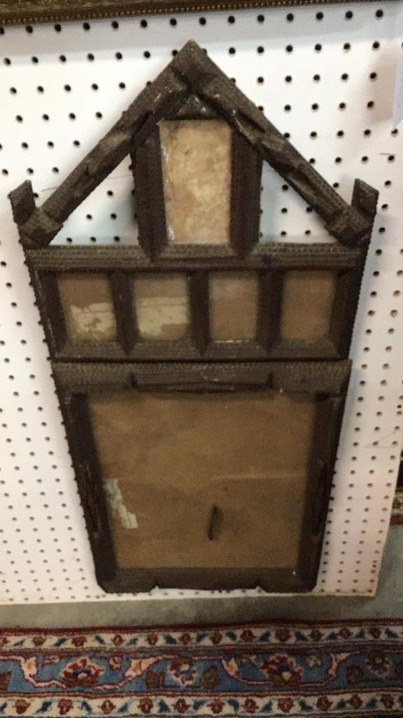 Tramp Art Chip Carved Frame: 32 inch with steeple top, 5 sections over larger frame, some loss as expected with age
