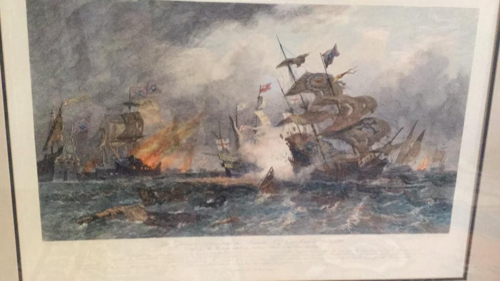 Etching by David Law, Drake in Revenge Attack: 39 x 30 in gold tone frame