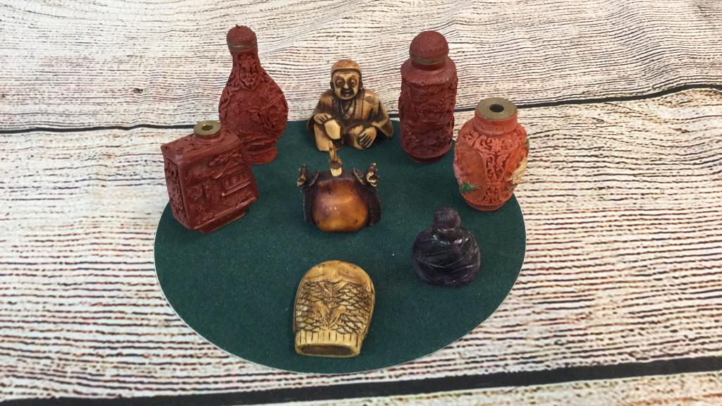 8 Asian Snuff  Bottles, Carved Toggle (1 of 3)