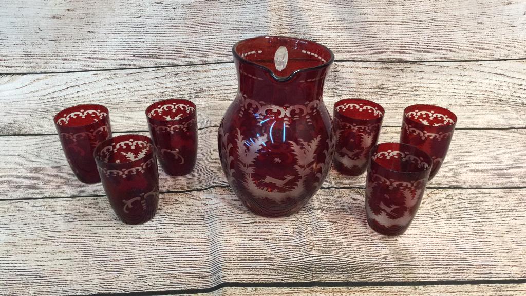 Etched Cranberry Glass Water Set (1 of 4)