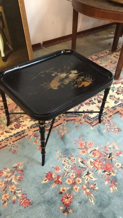 Lacquered Try Table W Faux Bamboo Base: Hand paint decorated top