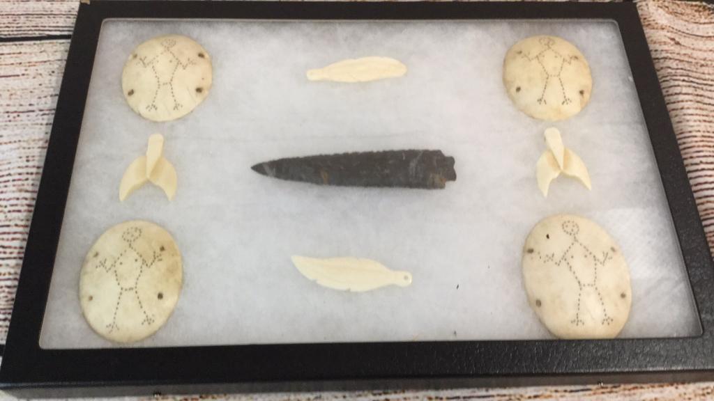 Shadow Cased Collect Inuit Style Amulets, Talisman: 4 bone amulets one spear point, 4 talisman