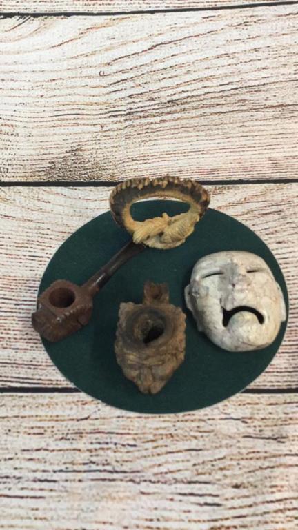 2 Carved Pipes, Stone Mask, Bone Carving: 3 inch mask has significant repair. See photos
