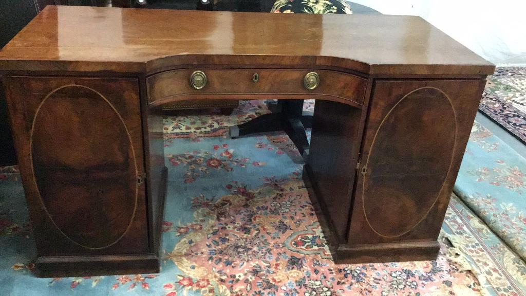 Mahogany Edwardian Buffet: Convex banded drawer, string inlay, some veneer losses and finish blemishes, bottle drawer 36 tall x 26.5 deep x 67 wide