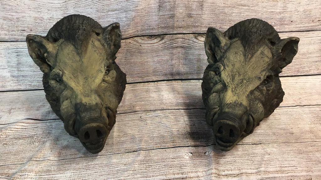 Pair Vintage Concrete Boars Heads Fountains (1 of 4)