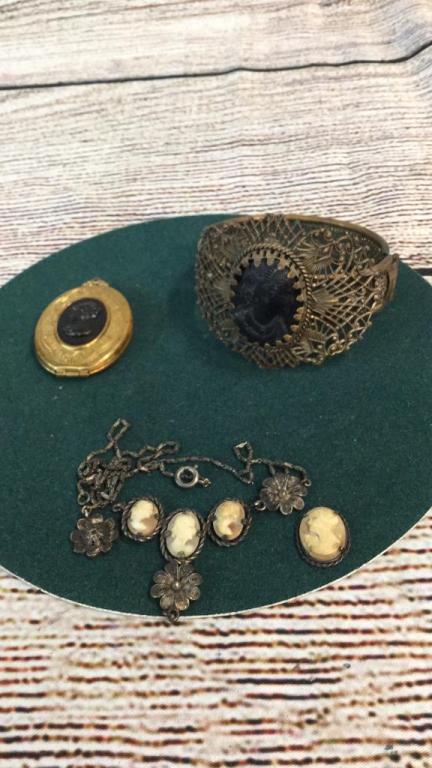 3 Pieces Cameo Jewelry: Classic Carved High Relief Locket, Bracelet..small cameo necklace on broken chain