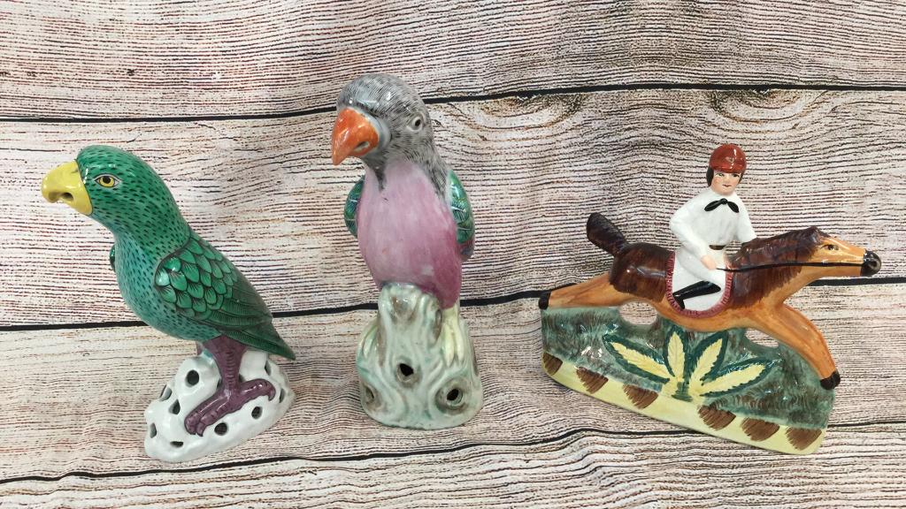2 Polychrome Parrots and Staffordshire Figure (1 of 3)