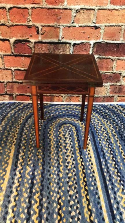 19th C Inlaid Handkerchief Card Table: 25 tall x 20 deep x 20 wide closed, 28 x 28 open
