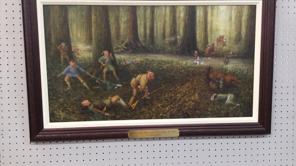 Oil on Board, Mark Spelter: Title “Long Run Massacre” ...signed lower right..37 x 23 with frame