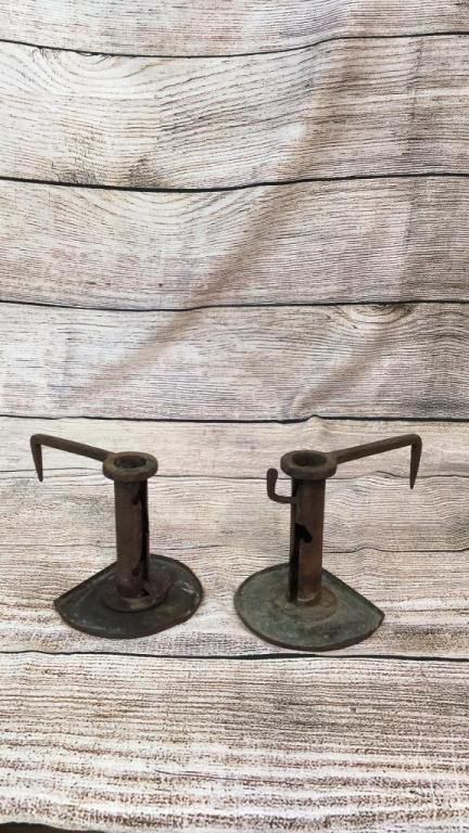 Pair Early Iron Push Up Candleholders: Hog scrape style ..6 inches tall with iron spike handles, adjustable candle depth....