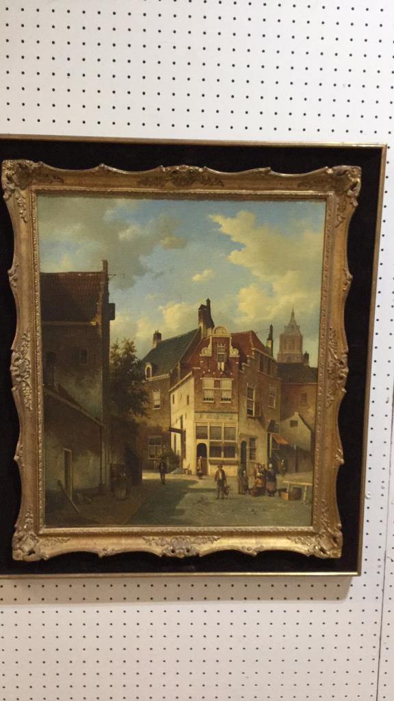 Oil on Canvas, Dutch Street Scene: Attribution or follower of Adrianus Eversen. Signed lower left A. Eversen ...20 x 24 old canvas, mounted in decorative frame..26 x 30