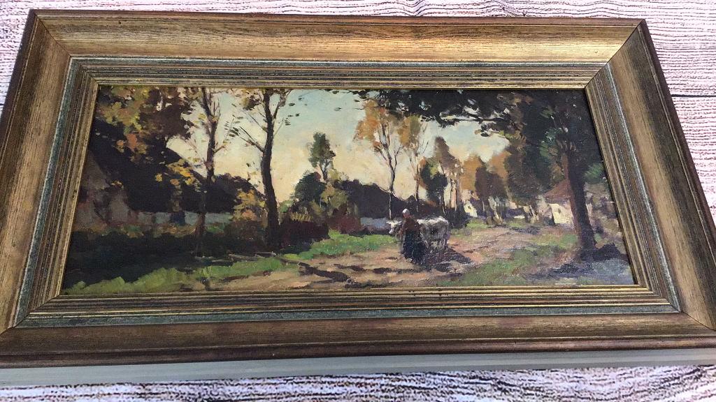 Oil on Wood Panel, Tree Lined Lane w/ Cow (1 of 4)