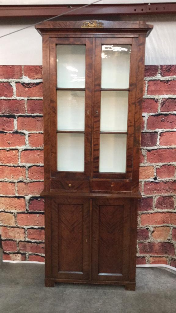 19th C Flame Mahogany Cupboard: 6 panes original glass, over 2 paneled doors, split drawers at waist, ornamental brass element, dovetailed drawers, great size 78 tall x 28 wide x 8.5 deep