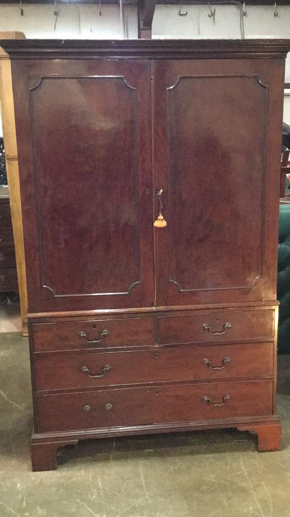 Edwardian English Mahogany Linen Press: Banded and dovetailed drawers, bracket foot, interior drawers, 79 tall x 49 wide x 24 deep Minor losses see photos
