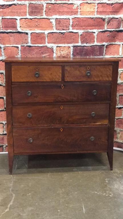 Federal Burl Walnut NC Chest: Inlaid Key escutcheons, yellow pine secondary, tall foot, dovetailed drawers, 2 over 3 graduated drawers. 43 tall x 42 wide x 19 deep