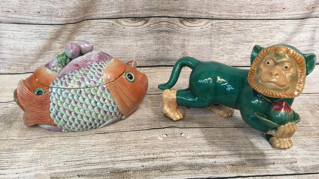 Fish Tureen, Monkey: Lidded Tureen is 14 inches 2 Koi with Plum or Peach handle* small rim chip on lid, glazed terra cotta monkey is 12 inches holds a fruit in hand