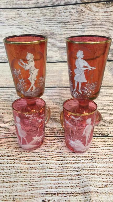 4 Pieces Cranberry Mary Gregory Glass (1 of 5)
