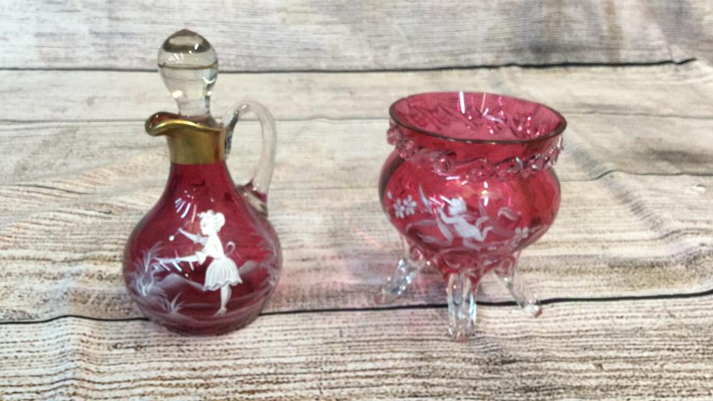 Mary Gregory Cranberry Cruet, Footed Bowl (1 of 5)