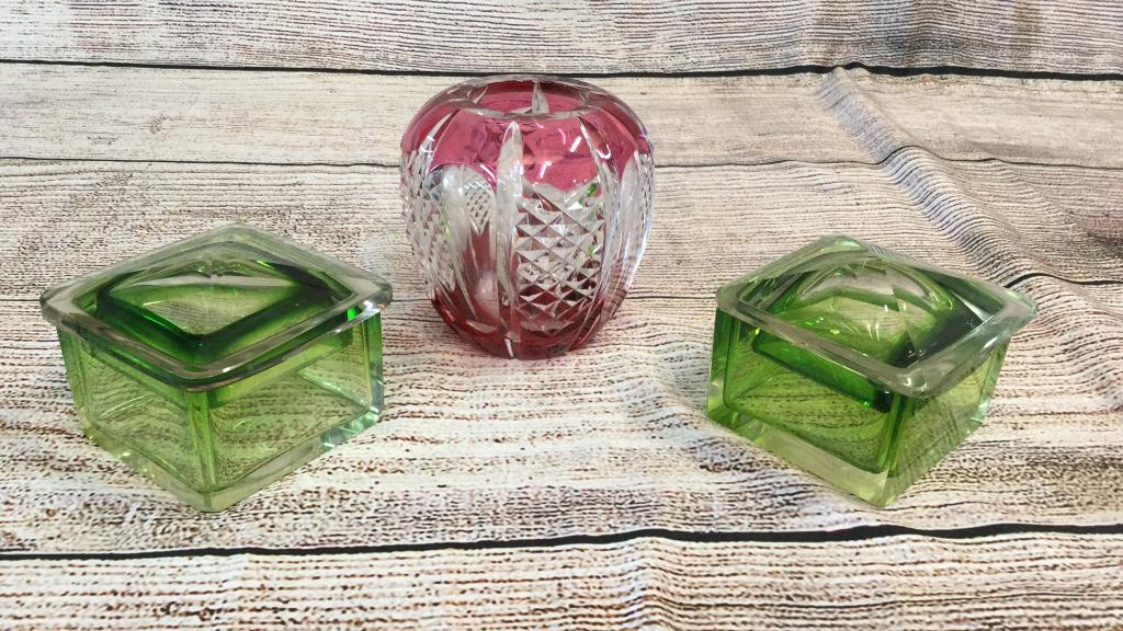 Val St. Lambert Cut Rose Vase, Lidded Green Jars (1 of 4)