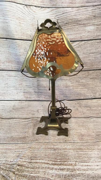 Brass Deco Style Table Lamp, Amber Shaduyl (1 of 4)