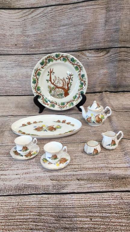 Tiffany and Co. Squirrel Plate, Bone China Tea Set: Child’s tea set marked Sheltonian China