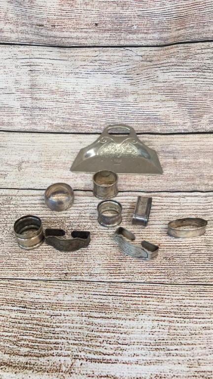 8 Sterling Napkin Rings & Plated Crumb Pan: See photos