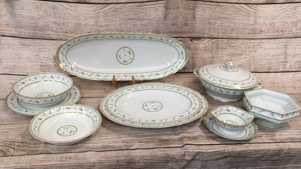 9 Serving Pieces, Limoge Bernardaud China: 24 inch fish platter, 15 and 17 inch oval platters, sauce dish with attached underplate, 9 and 9 1/2 inch open vegetable bowls, 8 inch footed compote, 12 inch lidded server, 11 inch plate